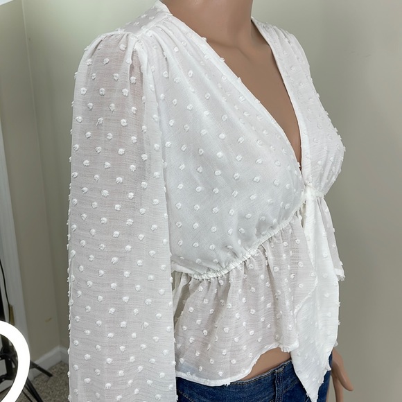 TCEC Dobby Mesh Tie Front Peplum Top - Picture 14 of 16